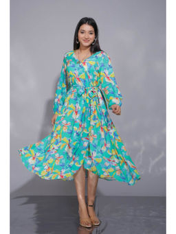 Autumnlane - Turquoise Floral A-Line Fit Dress with Belt