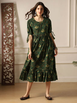 Globus - Green Floral A-Line Fit Dress