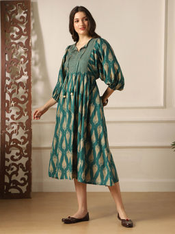 Globus - Teal Printed A-Line Fit Dress