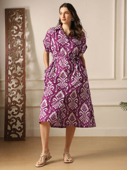 Globus - Purple Printed Straight Fit Dress with Belt