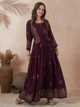 FASHOR - Burgundy Printed A-Line Fit Dress