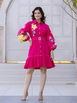 Autumnlane - Pink Floral A-Line Fit Dress with Belt