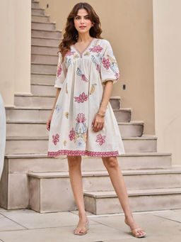 Autumnlane - White Embroidered A-Line Fit Dress