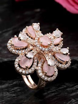 Karatcart - Pink Cubic Zirconia Studded Rose Gold Plated Floral Adjustable Ring for Women
