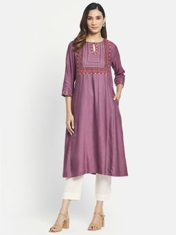 Fabindia - Purple Viscose Silk Embroidered Long Kurta (XS)