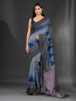 CHARUKRITI - Grey Handspun Cotton Hand Woven Soft Saree with Kotki Design with Unstitched Blouse