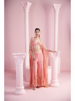 MANDIRA WIRK - Women's Pink Derrin Floral Blouse with Palazzo and Cape (Set of 3)