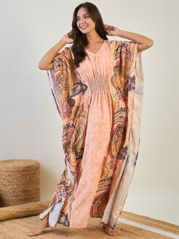 The Kaftan Company - Women Peach Paisley V-Neck Flared Sleeves Kaftan