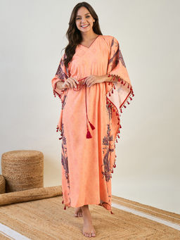The Kaftan Company - Women Orange Paisley V-Neck Flared Sleeves Kaftan