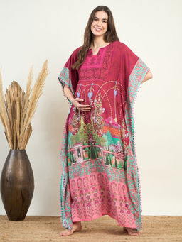 The Kaftan Company - Women Pink Floral Round Neck Flared Sleeves Kaftan
