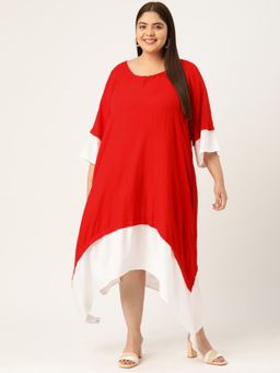 theRebelinme - Plus Size Women Red & White Color Block Asymmetric Dress