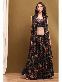Biba - Women's Black Georgette Straight Lehenga with Blouse and Cape (Set of 3)