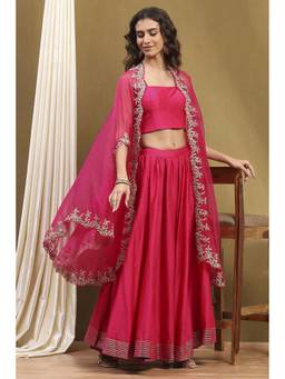 Biba - Women's Pink Silk Chanderi Straight Lehenga with Blouse and Cape (Set of 3)