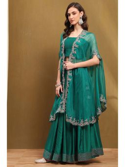 Biba - Women's Green Silk Chanderi Straight Lehenga with Blouse and Cape (Set of 3)