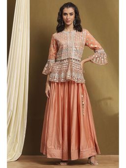 Biba - Women's Peach Net Peplum Top Lehenga (Set of 2)
