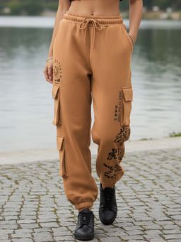 Bewakoof - Heavy Duty Women Brown Graphic Printed Super Loose Fit Brushed Cargo Joggers