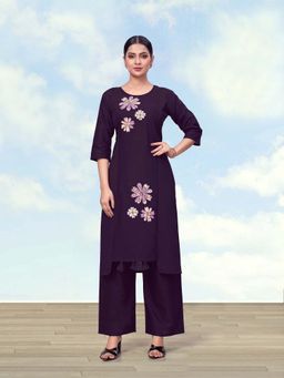 Monjolika Fashion - Dark Purple Cotton Flex Embroidered Work Kurta With Pant