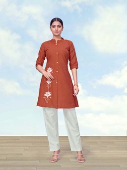Monjolika Fashion - Rust Colour Cotton Flex Embroidered Kurta With Pant