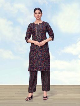 Monjolika Fashion - Navy Blue Cotton Printed Causal Straight Kurta & Pant