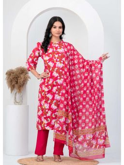 Anurang - Pink Women Floral Pure Cotton Princess Cut Kurta With Pant & Dupatta