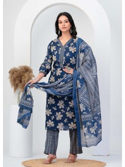 Anurang - Blue Women Floral Printed Pure Cotton Kurta With Pant & Dupatta