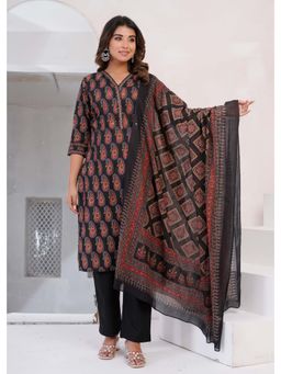 Anurang - Black Paisley Printed Pure Cotton Kurta With Pant & Dupatta