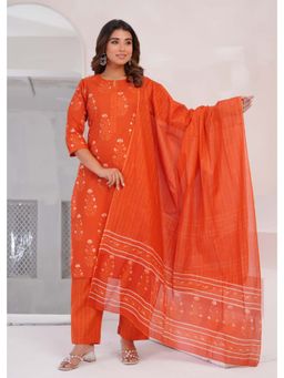 Anurang - Orange Women Mughal Buta Printed Pure Cotton Kurta With Pant & Dupatta
