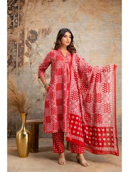 Anurang - Women Red Printed Pure Cotton A-Line Kurta With Pant & Dupatta