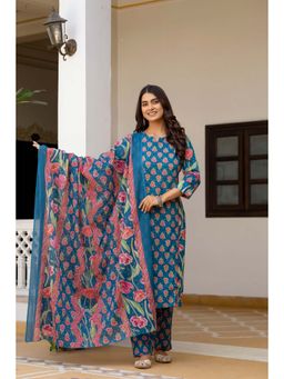 Anurang - Blue Women Floral Printed Pure Cotton Kurta With Pant & Dupatta