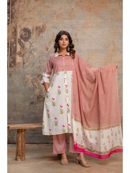 Anurang - Women Floral Printed Pure Cotton Striped A-Line Kurta With Pant & Dupatta