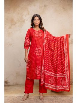 Anurang - Women Red Bandhani Printed Pure Cotton Kurta With Pant & Dupatta