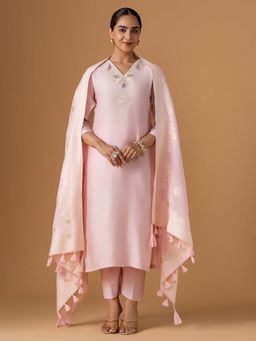 Women Plus - Pink Embroidered Viscose Silk Kurta With Pant & Dupatta