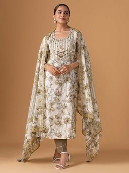 Women Plus - White Embroidered Pure Cotton Kurta With Pant & Dupatta