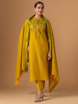 Women Plus - Yellow Embroidered Pure Cotton Kurta With Pant & Dupatta