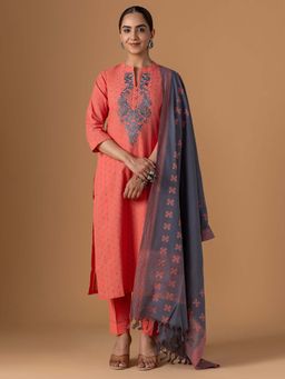 Women Plus - Jamdani Pure Cotton Kurta With Pant & Dupatta
