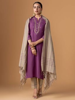 Women Plus - Embroidered Pure Cotton Kurta With Pant & Dupatta