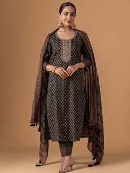 Women Plus - Dark Green Pure Cotton Kurta With Pant & Dupatta