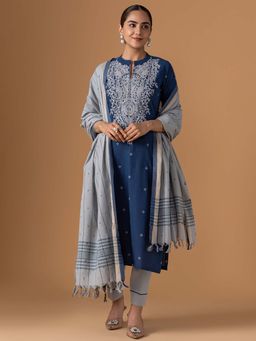 Women Plus - Jamdani Pure Cotton Kurta With Pant & Dupatta