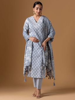 Women Plus - Embroidered Grey Pure Cotton Kurta With Pant & Dupatta