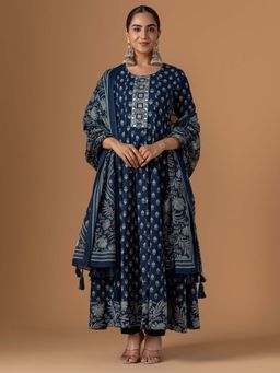 Women Plus - Blue Pure Cotton Anarkali Kurta With Pant & Dupatta