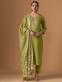 Women Plus - Embroidered Pure Cotton Kurta With Pant & Dupatta