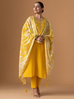 Women Plus - Embroidered Pure Cotton Yellow Kurta With Pant & Dupatta