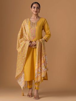 Women Plus - Yellow Embroidered Pure Cotton Kurta With Pant & Dupatta