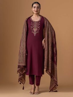 Women Plus - Embroidered Maroon Pure Cotton Kurta With Pant & Dupatta