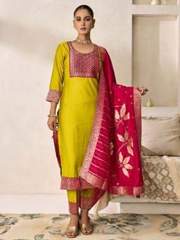 Women Plus - Hand-Embroidered Viscose Silk Yellow Kurta With Pant & Dupatta