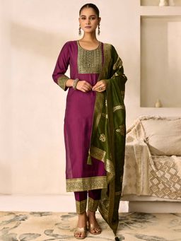 Women Plus - Hand-Embroidered Viscose Silk Kurta With Pant & Dupatta