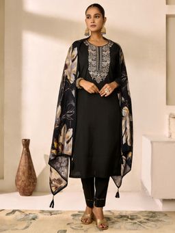 Women Plus - Black Embroidered Viscose Silk Kurta With Pant & Dupatta