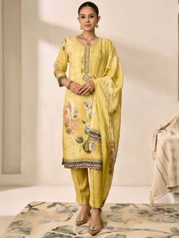 Women Plus - Yellow Pure Muslin Silk Kurta With Pant & Dupatta