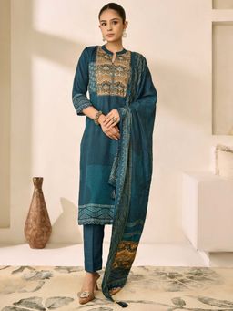 Women Plus - Teal Embellished Pure Muslin Silk Kurta With Pant & Dupatta