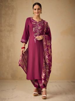 Women Plus - Embroidered Viscose Silk Kurta With Pant & Dupatta